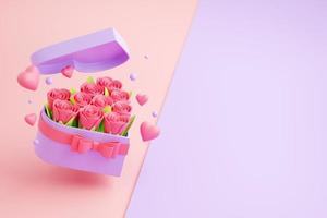 buquê de flores em caixa em forma de coração com laço - ilustração 3d render. foto