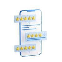 revisão do cliente 3d render - celular com aplicativo de feedback com classificação por estrelas e comentários dos usuários. foto