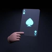 a mão segura um cartão de jogo de néon. conceito de cassino, pôquer. ilustração de renderização 3D. foto