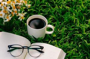 lazer de manhã no jardim com café, livro e flores no gramado. foto