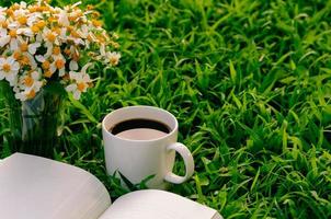 lazer de manhã no jardim com café, livro e flores no gramado. foto