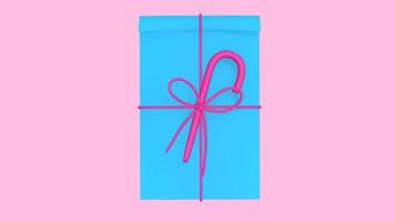 3d renderização natal e dia de ano novo, caixa de presente azul com fita no fundo rosa foto