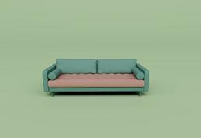 3d renderização do sofá com duas almofadas redondas isoladas em fundo pastel, cena mínima de fundo 3d foto