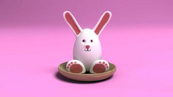 3D renderização de coelho de ovo de páscoa de rosto de coelho branco com orelha longa na cesta no fundo rosa