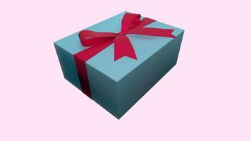 3d renderização natal e dia de ano novo, caixa de presente azul com fita vermelha em fundo rosa foto