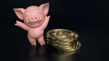 pilha de bitcoin com moeda digital de porco de cor rosa. criptomoeda btc o novo dinheiro virtual fecha a renderização 3d de bitcoins dourados em fundo preto foto