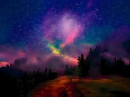 via láctea e luz rosa nas montanhas. paisagem colorida à noite. céu estrelado com colinas. lindo universo. fundo de espaço com galáxia. fundo de viagem foto
