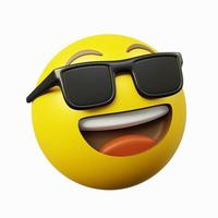 Emoticon amarelo mais frio de imagem de renderização 3D com óculos de sol e rosto sorridente, com fundo branco isolado foto