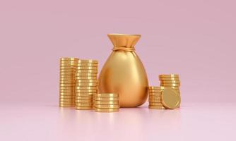 pilha de moedas de ouro e um saco de dinheiro em um fundo rosa. conceito de abundância. foto