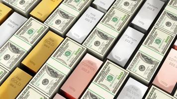 o dólar americano e commodities de ouro, prata, cobre e platina, comparação de commodities e dinheiro, renderização em 3d foto