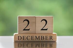 21 de dezembro texto em blocos de madeira com fundo desfocado da natureza. conceito de calendário. foto