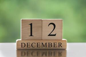 12 de dezembro texto em blocos de madeira com fundo desfocado da natureza. conceito de calendário foto