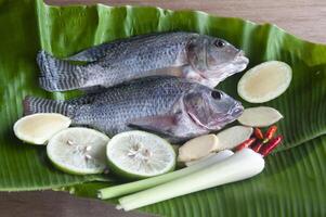 peixe tilápia fresco com capim-limão, limão e pimenta na folha de bananeira. conceito de comida asiática foto