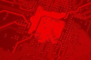 close-up do circuito vermelho da placa-mãe eletrônica com processador