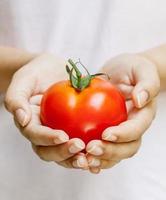 a garota segurando tomate. - conceito de comida saudável.