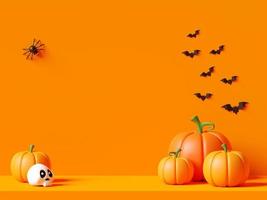 feliz palco amarelo de halloween com abóboras, ilustração 3d foto