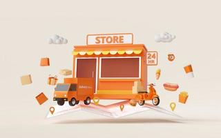 conceito de e-commerce, loja de conveniência, compras on-line e serviço de entrega, ilustração 3d foto