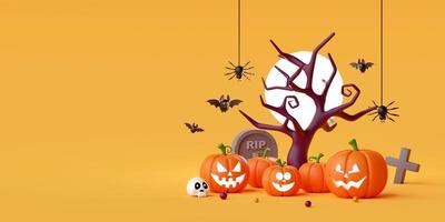 ilustração 3D de feliz banner de halloween, abóboras jack o lanterna com morcego e aranha ao redor da árvore morta foto