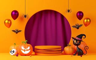 ilustração 3D do pódio de halloween com jack o lanterna, aranha assustadora e morcego fofo foto