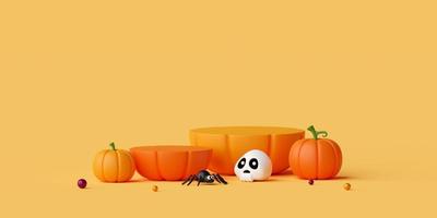 ilustração 3D do pódio de halloween com abóboras de halloween foto