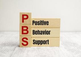 símbolo de suporte de comportamento positivo. palavras de conceito suporte de comportamento positivo em blocos de madeira em um fundo branco bonito foto