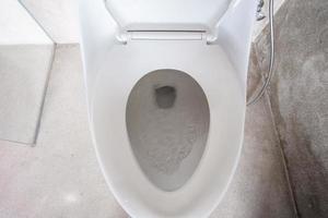 novo vaso sanitário de cerâmica e papel higiênico. limpeza, wc, estilo de vida e conceito de higiene pessoal foto