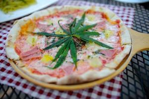 pizza uma mistura de folhas de cannabis, desenvolvida para os amantes da saúde em uma forma nova, licenciada e legal. segurança garantida, ajudar a aliviar a ansiedade, reduzir a tristeza. conceito de cannabis para a saúde. foto