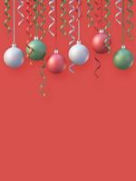 fundo de decoração de natal e ano novo com bola de natal e fita em fundo vermelho, fundo de renderização 3d foto