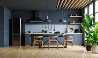 design de interiores de cozinha de estilo moderno com parede azul escura. foto