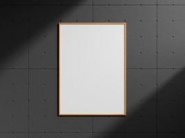 foto de madeira de retrato de vista frontal limpa e minimalista ou maquete de moldura de cartaz pendurada na parede de tijolo industrial com sombra. renderização 3D.