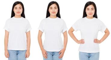 três variantes mulher coreana em camiseta branca para o designer isolado, camiseta de menina chinesa foto