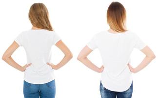 vistas traseiras duas mulheres em camiseta isolada, camiseta feminina foto