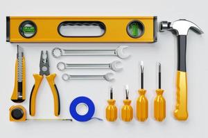 ilustração 3D de um martelo de metal, chaves de fenda, alicate, nível, fita métrica, fita isolante, cortador com alça amarela foto