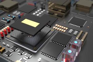 placa de circuito impresso com microchips, processadores e outras peças de computador. renderização 3D sobre o tema da tecnologia e grande poder de computação foto