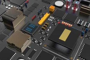 placa de circuito impresso com microchips, processadores e outras peças de computador. renderização 3D sobre o tema da tecnologia e grande poder de computação foto