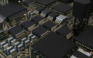 chip de processador em uma placa de circuito impresso em luz de fundo vermelha. Ilustração 3D sobre o tema da tecnologia e o poder da inteligência artificial. foto