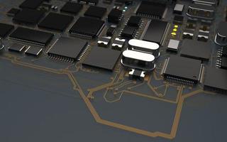 chip de processador em uma placa de circuito impresso em luz de fundo vermelha. Ilustração 3D sobre o tema da tecnologia e o poder da inteligência artificial. foto