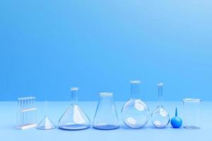 Equipamento de vidro de laboratório de ilustração 3D, tubos de ensaio e frascos sobre fundo azul. vidraria de laboratório para pesquisa médica ou científica. frascos vazios, copos. foto