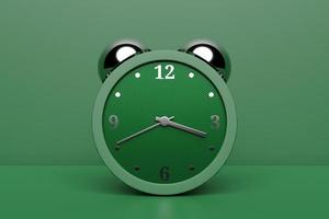 3d ilustração verde desenho animado desperta despertador em fundo monocromático isolado foto
