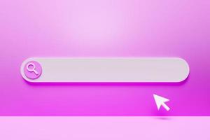 Ilustração 3D de uma página de pesquisa na internet em um fundo rosa. ícones da barra de pesquisa foto