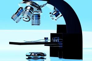 Microscópio de laboratório realista de ilustração 3D sem fundo azul. química 3d, instrumento farmacêutico, instrumento de ampliação microbiológico. foto