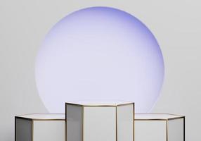 luxo abstrato de pódio de palco dourado e branco e plataforma moderna para publicidade de exibição de produtos com anéis de círculo fundo branco e roxo pódio de renderização 3d foto