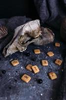 crânio de cachorro velho, runas de madeira e pedras na mesa de bruxa. foto