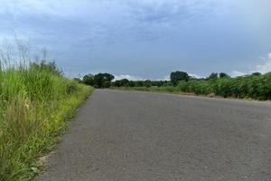 estrada rural na tailândia. ao lado com grama verde. caminho de estrada de asfalto vazio. sob o céu sombrio. foto