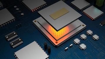 chip de processador em uma placa de circuito impresso em luz de fundo vermelha. Ilustração 3D sobre o tema da tecnologia e o poder da inteligência artificial. foto