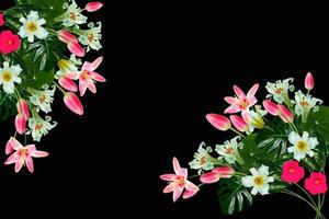 flores de lírio brilhantes. fundo floral de folhas verdes de monstros e samambaias foto