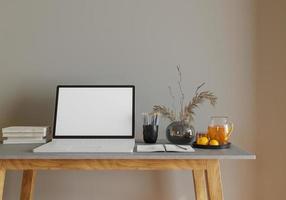 parede de maquete com mesa na sala de estar com uma moderna sala de estar de parede branca com monitor. mesa de móveis de design de interiores escandinavo e plantas com parede branca. copie o espaço. renderização 3D. foto