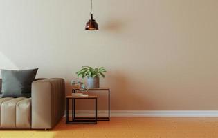 cartaz de estilo interior mínimo simula a parede da sala de estar com sofá moderno e decorações na sala de estar. copie o espaço. renderização 3D. foto