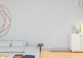 cartaz de estilo interior mínimo simula a parede da sala de estar em branco com sofá moderno e decorações na sala de estar. copie o espaço. renderização 3D. foto