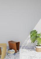 cartaz de estilo interior mínimo simula a parede da sala de estar em branco com sofá moderno e decorações na sala de estar. copie o espaço. renderização 3D. foto
